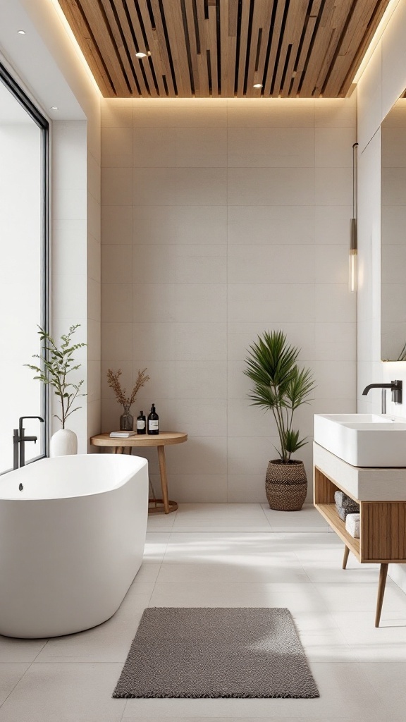 A modern bathroom with white tiles, wooden ceiling, and plants, featuring a freestanding tub and stylish decor.