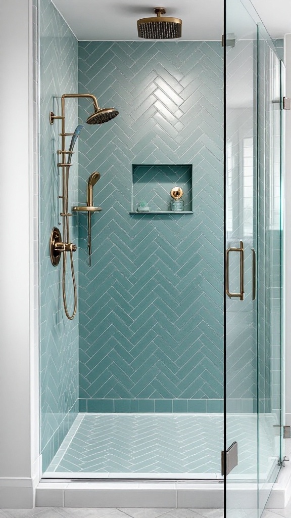 Teal herringbone shower surround with gold fixtures and glass doors