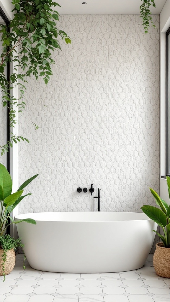 A modern bathroom featuring textured white wall tiles, a freestanding tub, and greenery