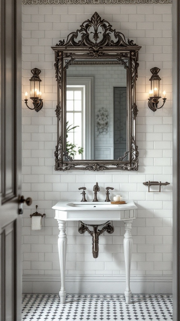 A vintage bathroom featuring white subway tiles, decorative borders, an ornate mirror, and a stylish sink.
