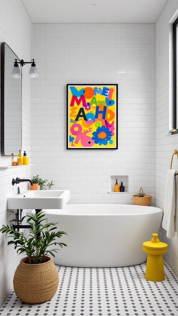 A modern bathroom with white subway tiles, colorful artwork, and vibrant decor accents.