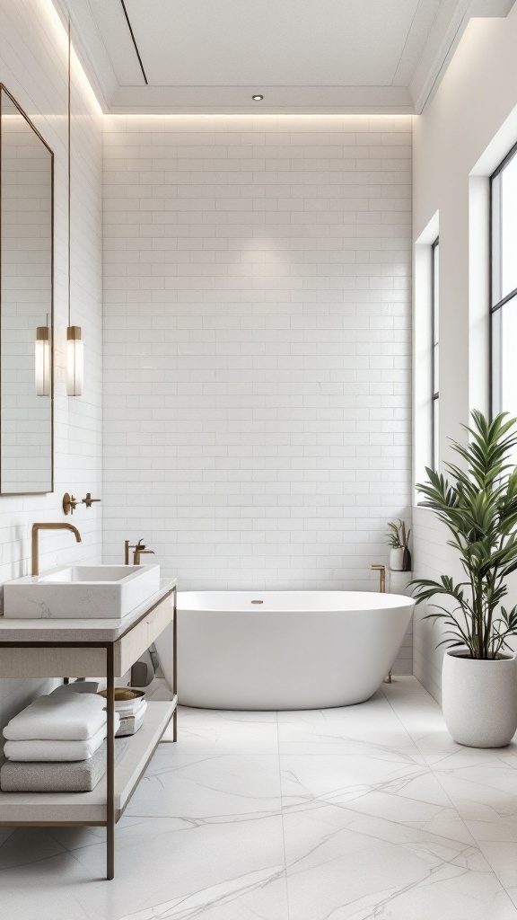 A modern bathroom featuring white subway tiles, a freestanding bathtub, and natural stone elements.