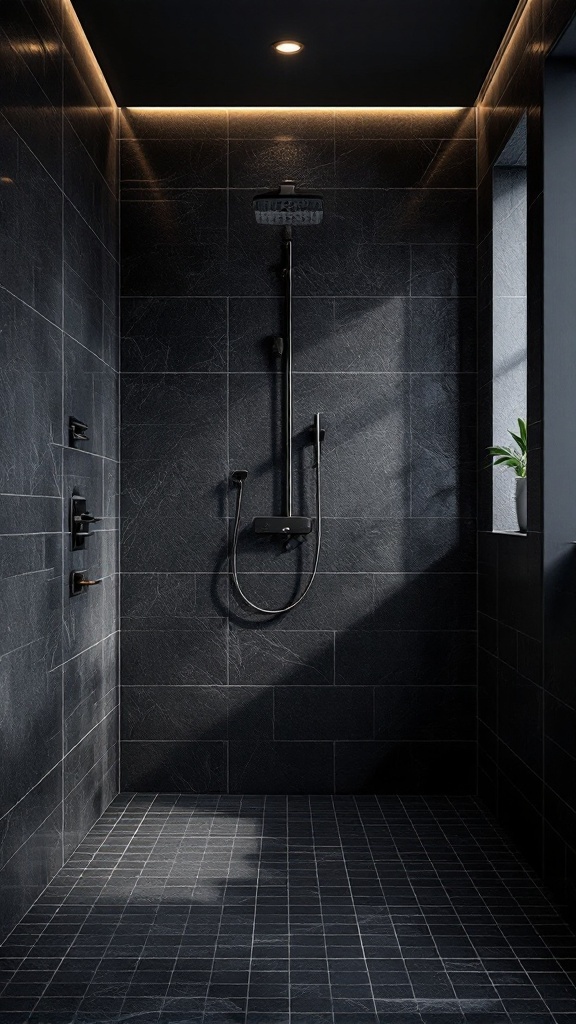 A modern shower with bold dark tiles, featuring sleek fixtures and subtle lighting