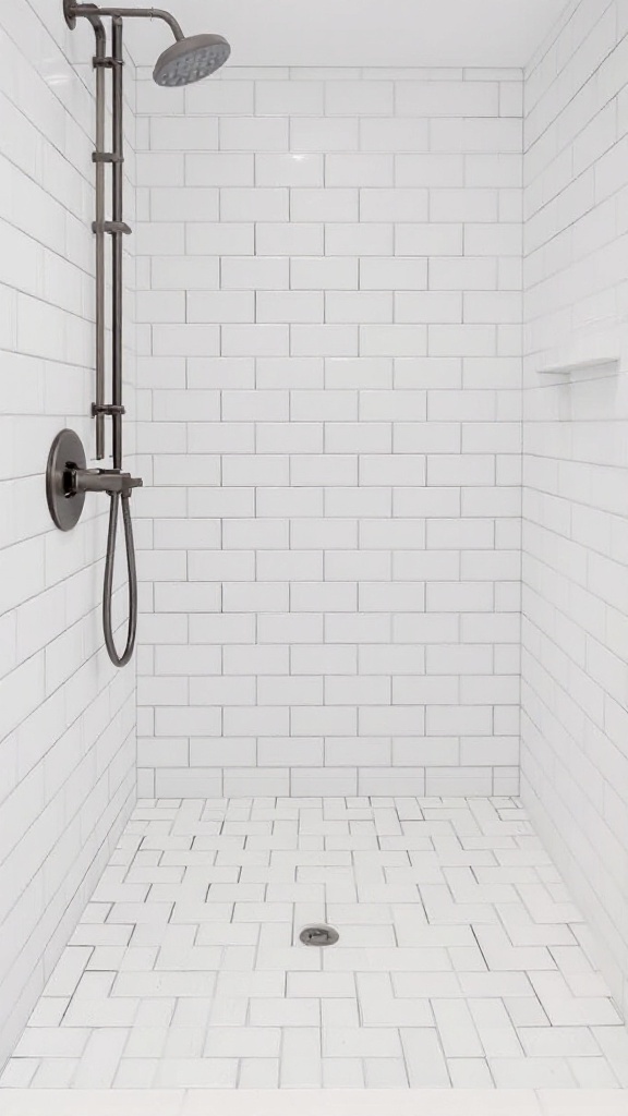 A shower featuring classic white subway tiles on the walls and herringbone patterned tiles on the floor, with black hardware.