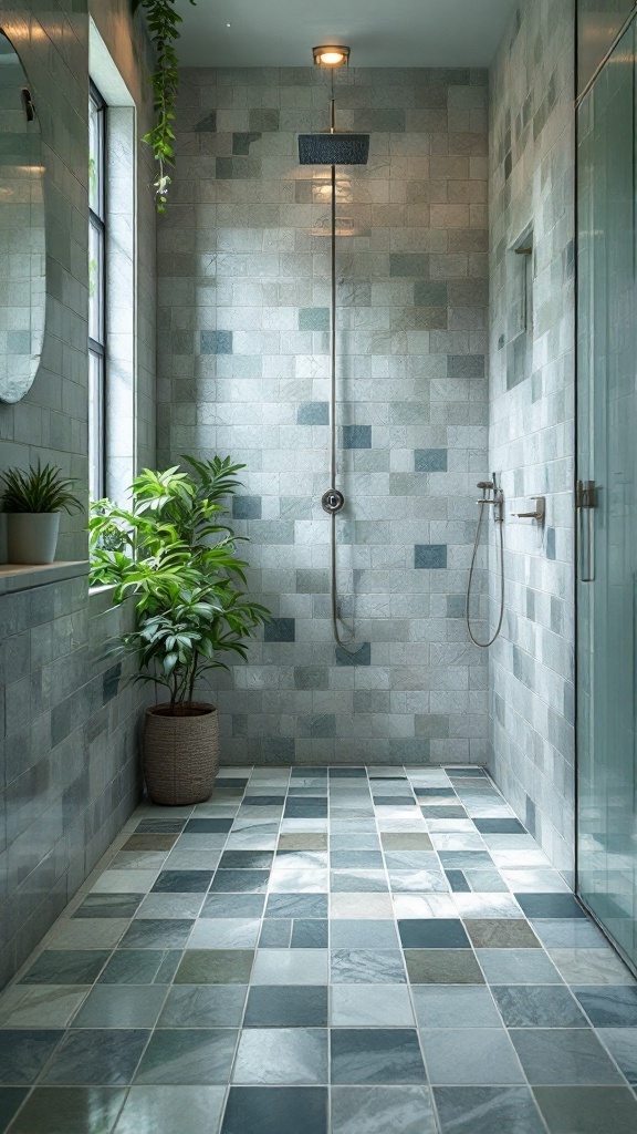 A modern bathroom with eco-friendly recycled tiles in various shades of green and gray, featuring a shower and indoor plants.