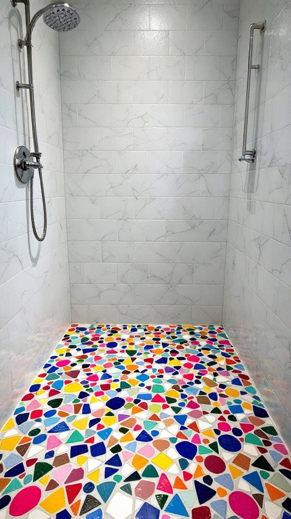 Colorful mosaic tile shower floor with geometric patterns.