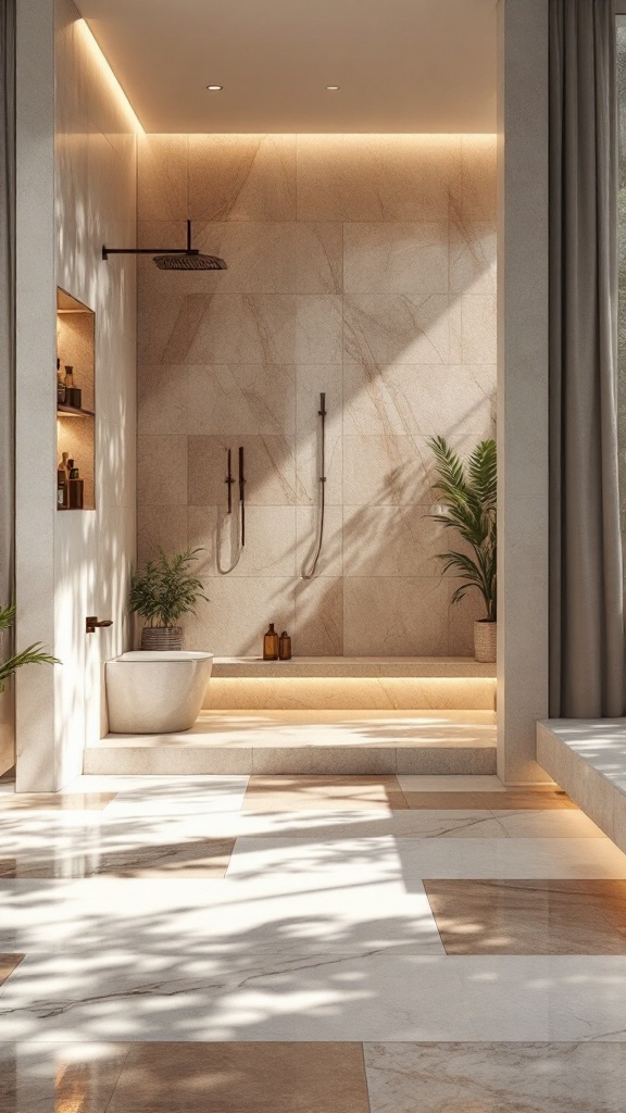 Elegant bathroom shower with natural stone tiles and plants, featuring soft lighting.