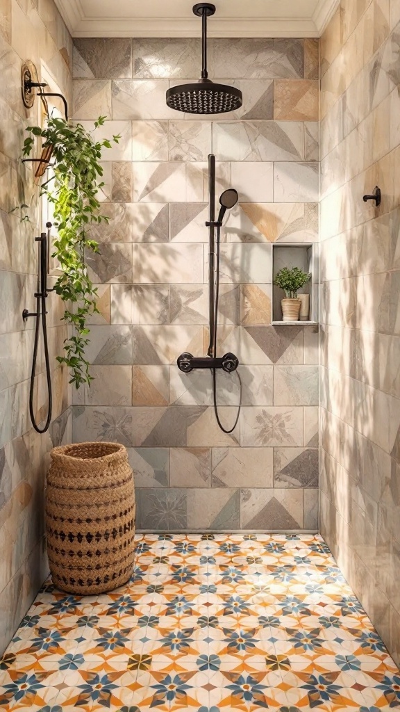 Bathroom shower with patterned cement tiles on the floor and natural stone wall tiles.