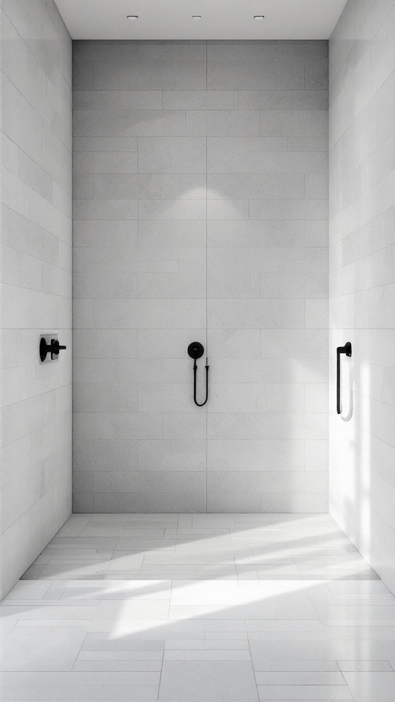 A minimalist bathroom shower featuring light gray tiles and black fixtures