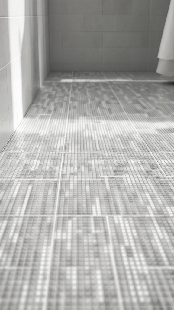 Textured gray floor tiles in a modern shower