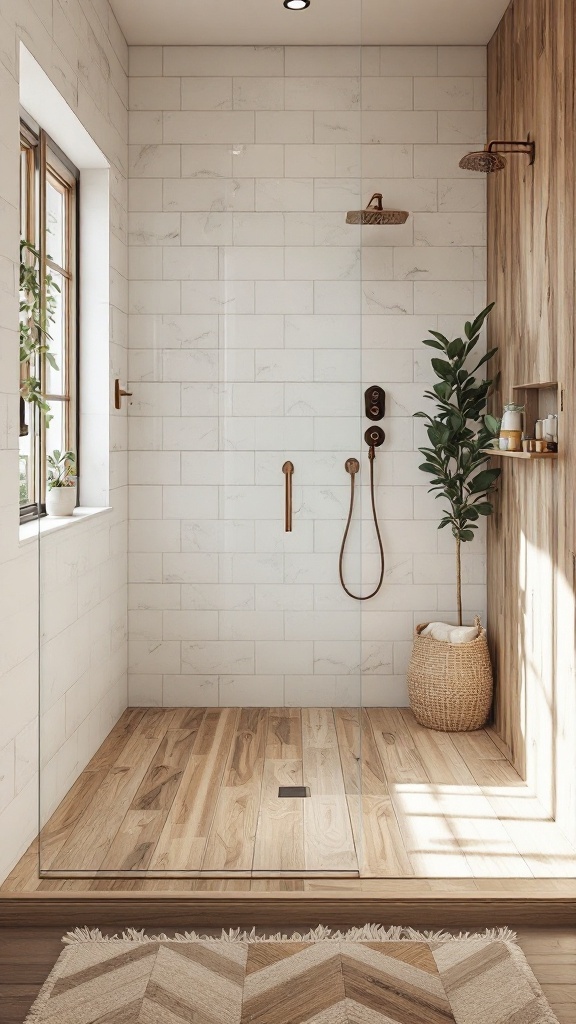 A modern shower with wood-look porcelain tiles, natural light, and plants.