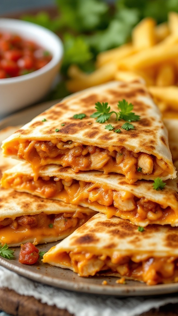 Delicious BBQ chicken quesadillas stacked with cheese, garnished with cilantro