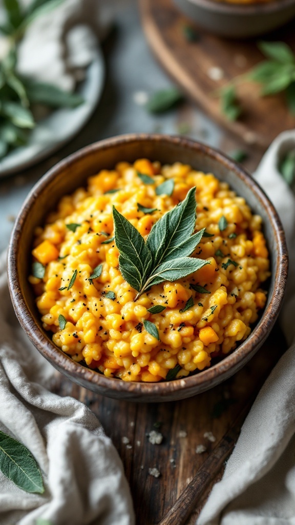 A bowl of butternut squash risotto garnished with sage leaves.