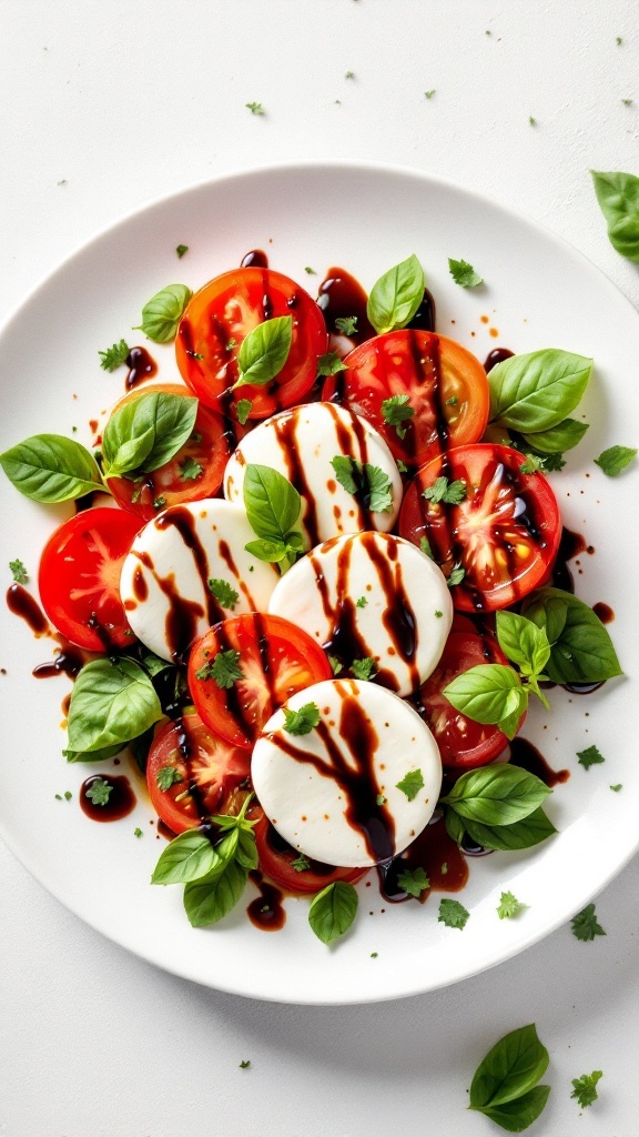 A plate of Caprese salad with tomatoes, mozzarella, basil, and balsamic glaze.