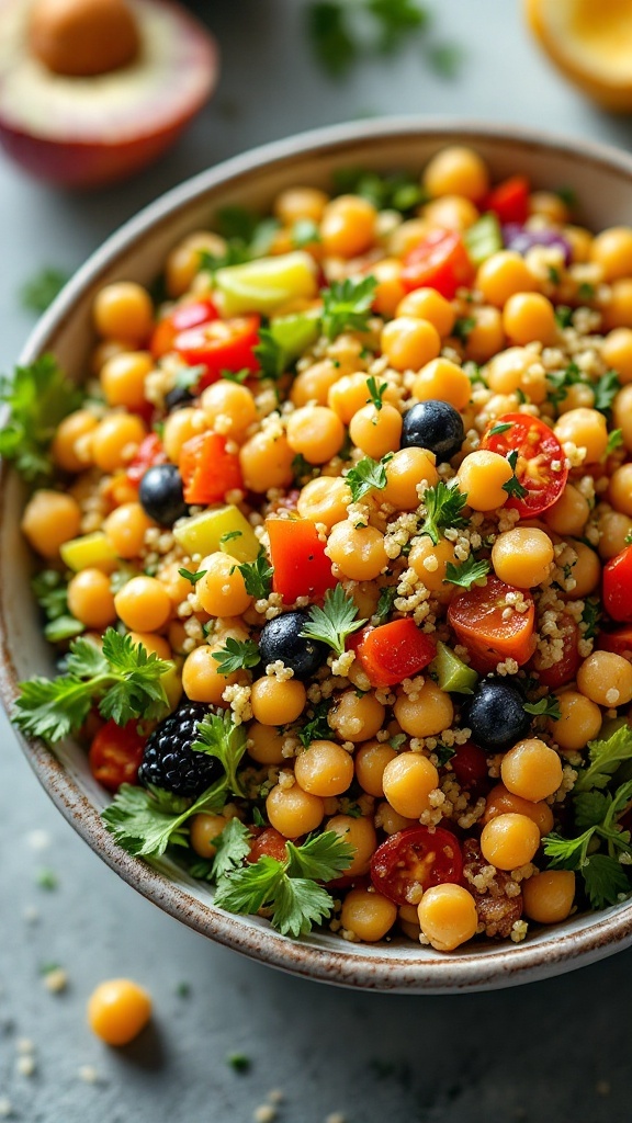 Chickpea and Quinoa Salad with fresh vegetables and herbs in a bowl