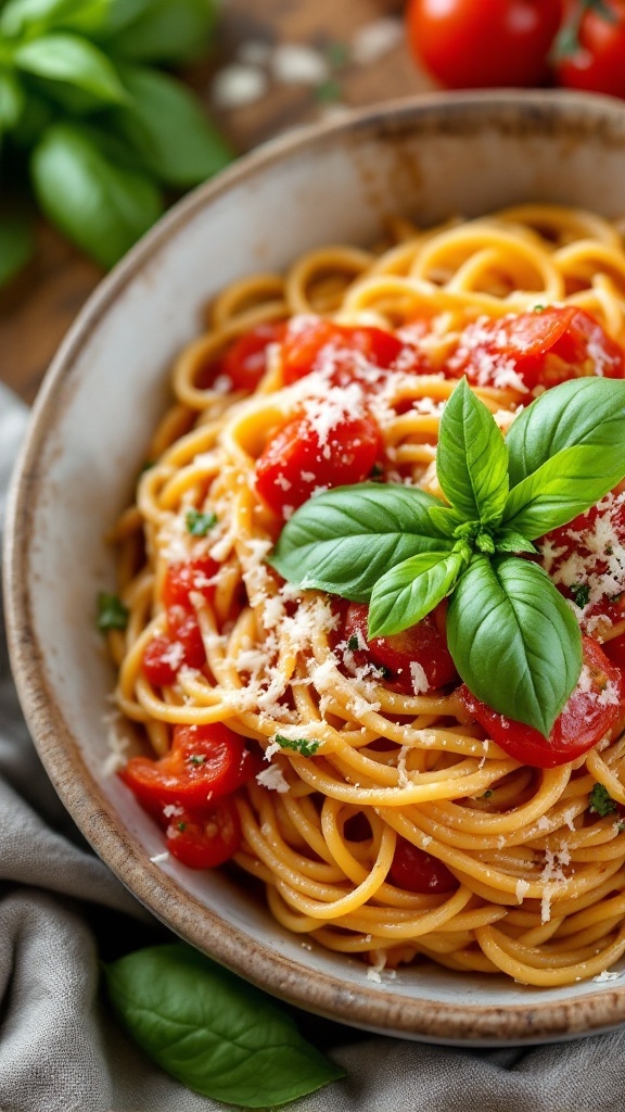 A bowl of creamy tomato basil pasta garnished with fresh basil and cherry tomatoes.