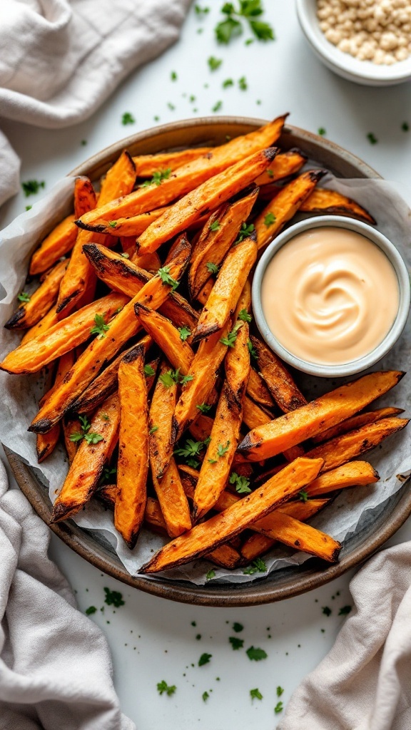 A plate of crispy baked sweet potato fries with a small bowl of dipping sauce