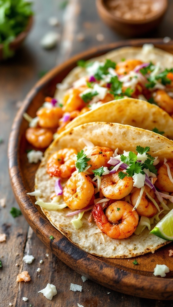 Shrimp tacos with cabbage slaw on a wooden plate.