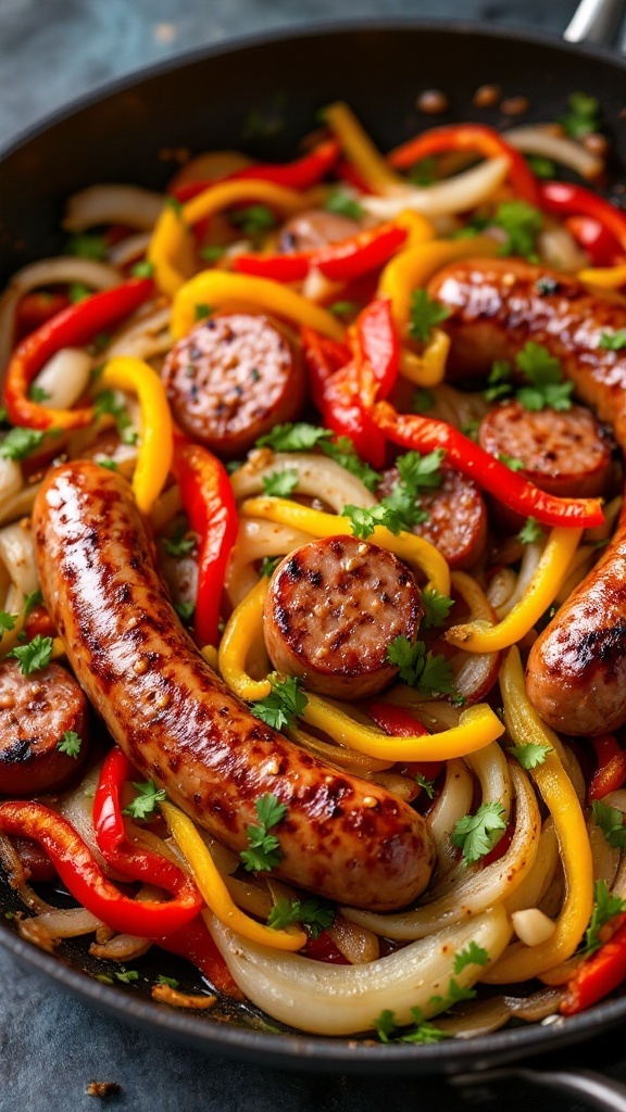 A colorful skillet dish featuring Italian sausage, bell peppers, and onions.