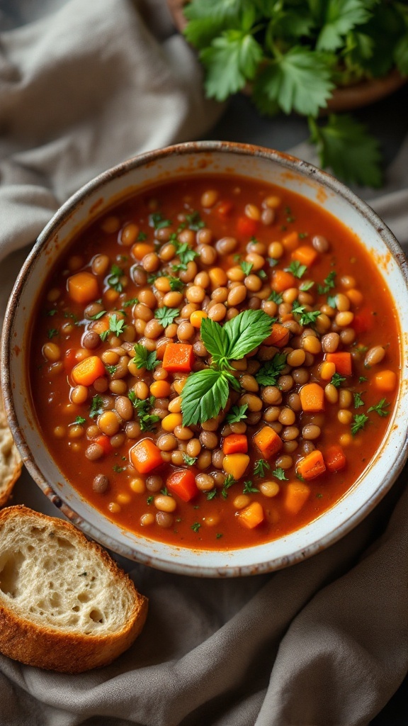 A bowl of lentil soup garnished with fresh herbs, served with slices of bread.