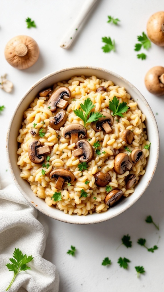 A bowl of creamy mushroom risotto garnished with parsley.