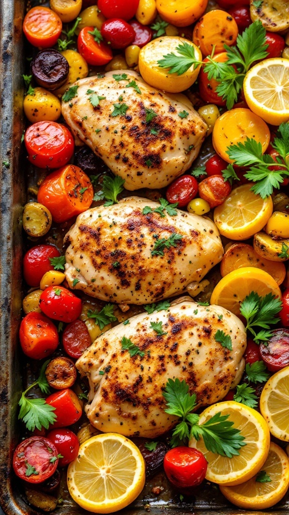 A delicious plate of lemon garlic chicken served with colorful roasted vegetables