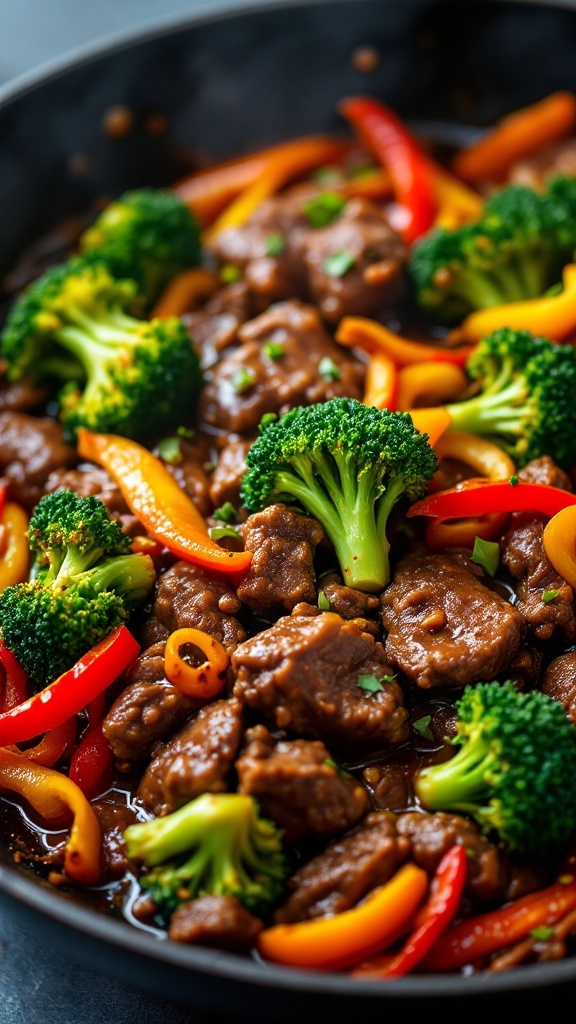 A colorful plate of beef stir-fry with broccoli, red and yellow peppers.