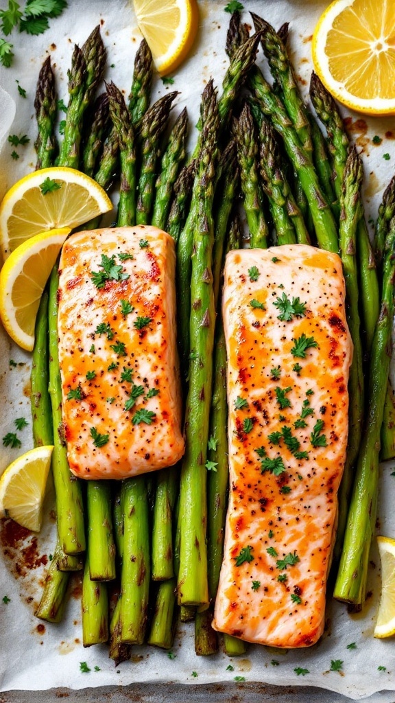 Sheet pan meal with salmon fillets and asparagus, garnished with lemon slices and parsley.