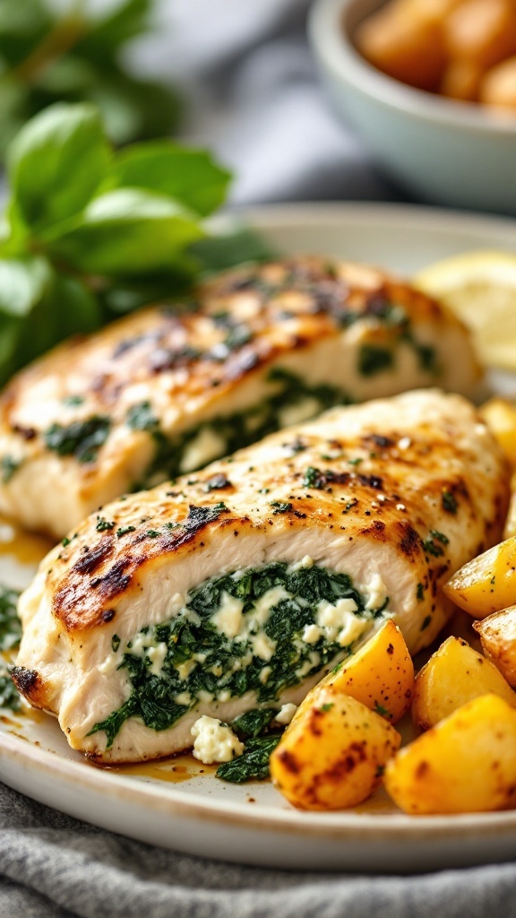 Spinach and feta stuffed chicken breasts served with roasted potatoes