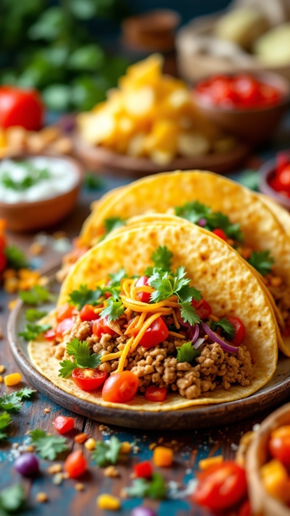 Two loaded ground turkey tacos with fresh toppings