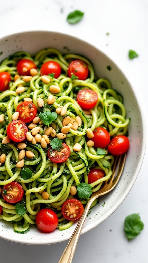 A bowl of zucchini noodles tossed with pesto, cherry tomatoes, and pine nuts.