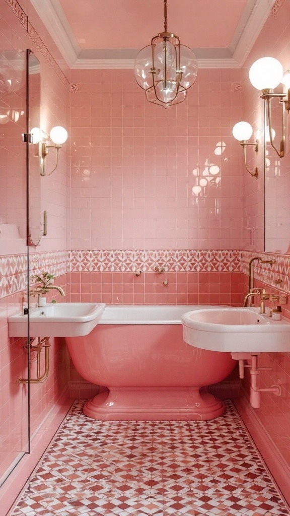 Art Deco inspired pink tile bathroom with elegant fixtures and decor