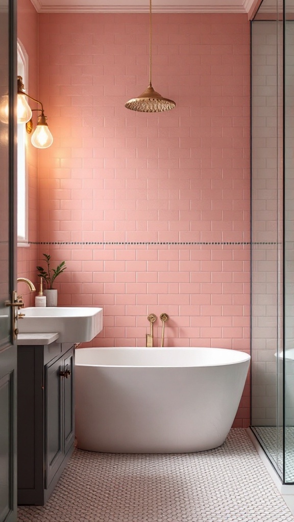 A bright bathroom featuring old pink tiles, a freestanding tub, and a stylish vanity.