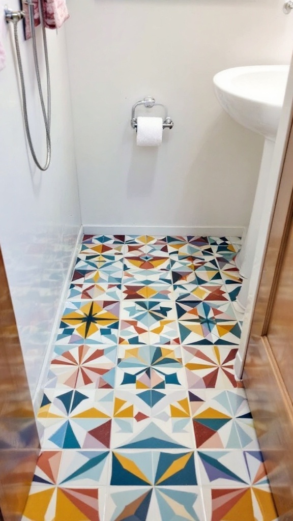 Colorful geometric patterned tiles in a small bathroom