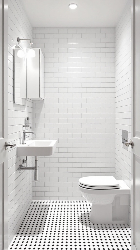 Small bathroom featuring bright white subway tiles on the walls and a black and white patterned floor.