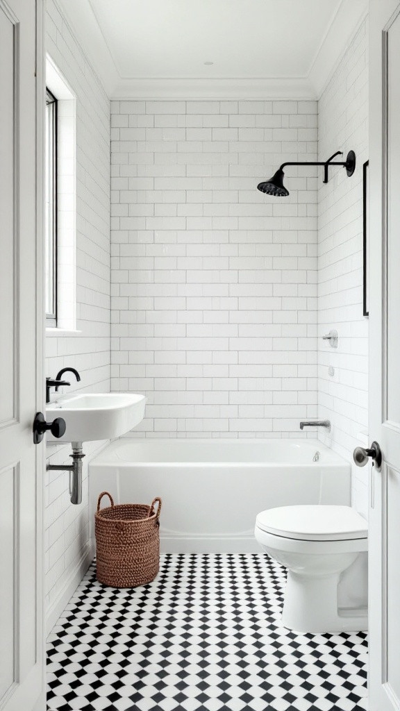 A small bathroom featuring classic black and white checkerboard tiles on the floor.