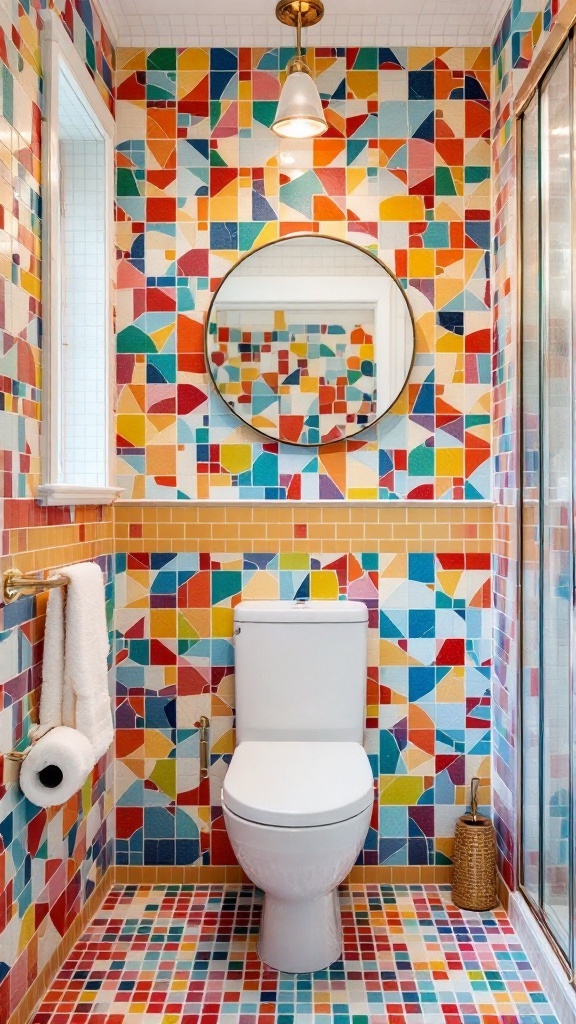 A small bathroom with colorful mosaic tiles on the walls and floor.