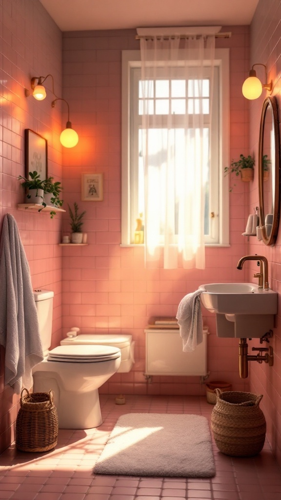 Cozy retro bathroom with pink tiles, warm lighting, plants, and soft textures.