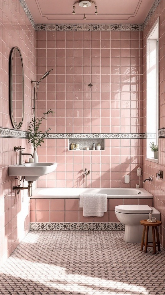 A stylish bathroom featuring old pink tiles on the walls and a patterned floor, with a modern sink and bathtub.