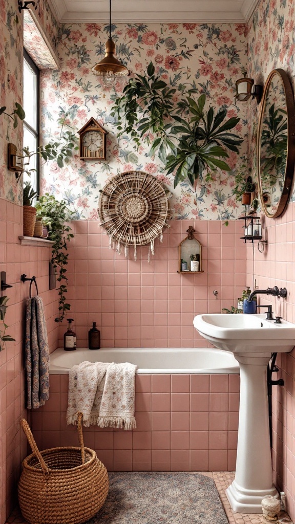 A charming bathroom featuring old pink tiles, floral wallpaper, plants, and eclectic decor.