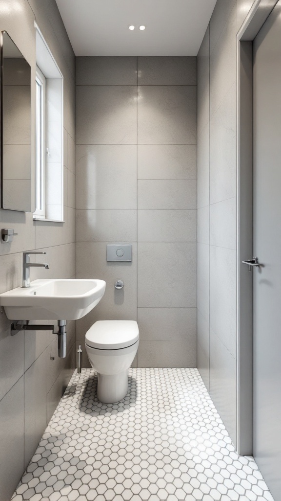 Small bathroom featuring hexagonal floor tiles and modern fixtures