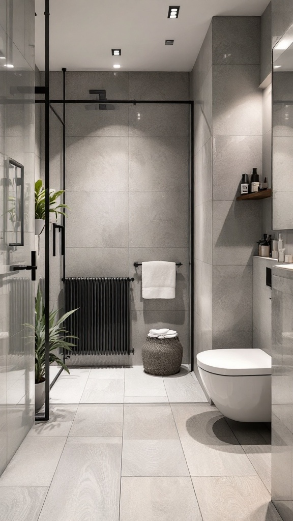 A modern small bathroom featuring luxury vinyl tiles, a sleek toilet, and a stylish shower area.