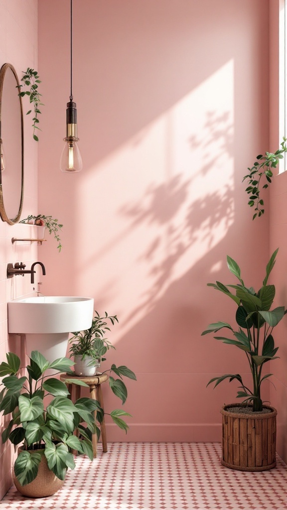 A pink tile bathroom featuring plants, a round mirror, and a hanging light fixture.