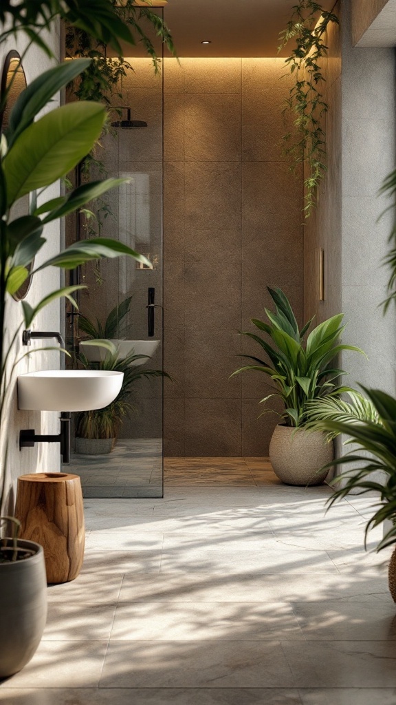 A modern bathroom featuring natural stone tiles, plants, and sleek fixtures, creating a spa-like atmosphere.