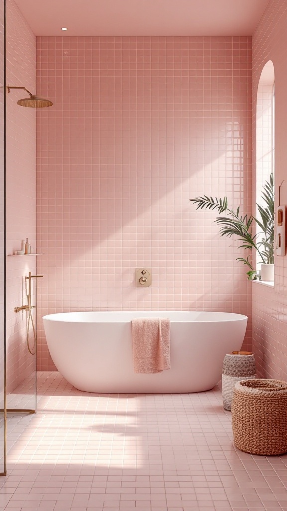 Minimalist bathroom with pink tiles, freestanding tub, and gold fixtures