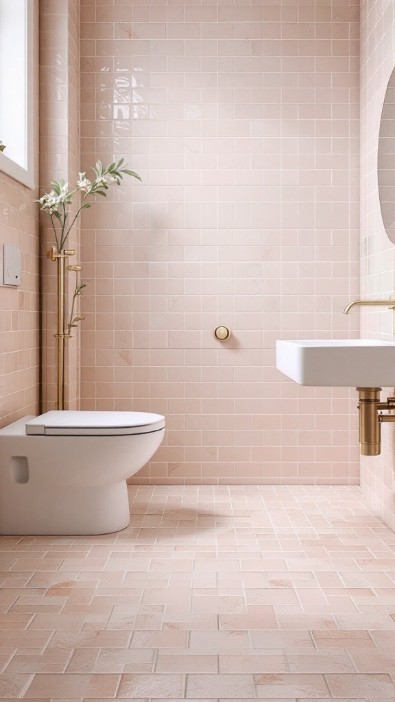 Small bathroom with soft pink tile flooring and walls, featuring a white toilet and sink