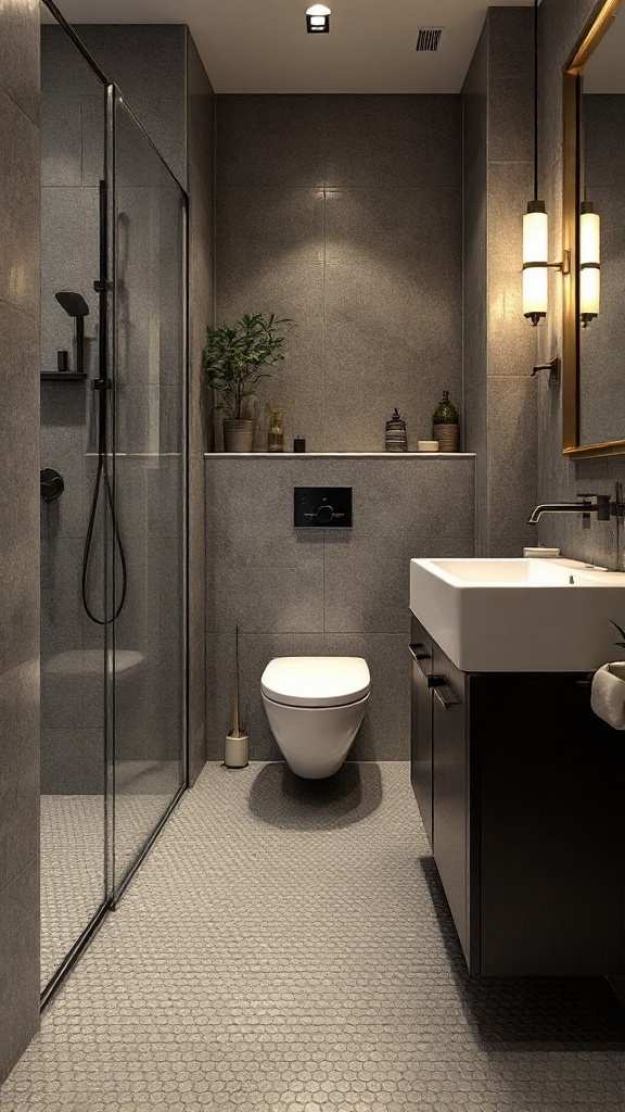 A small modern bathroom featuring textured hexagonal porcelain tiles, a glass shower, and dark cabinetry.