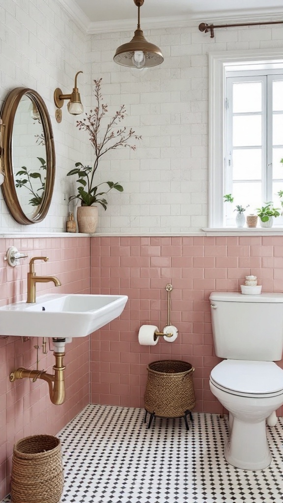 A vintage-style bathroom featuring old pink tiles, modern fixtures, and natural decor elements.
