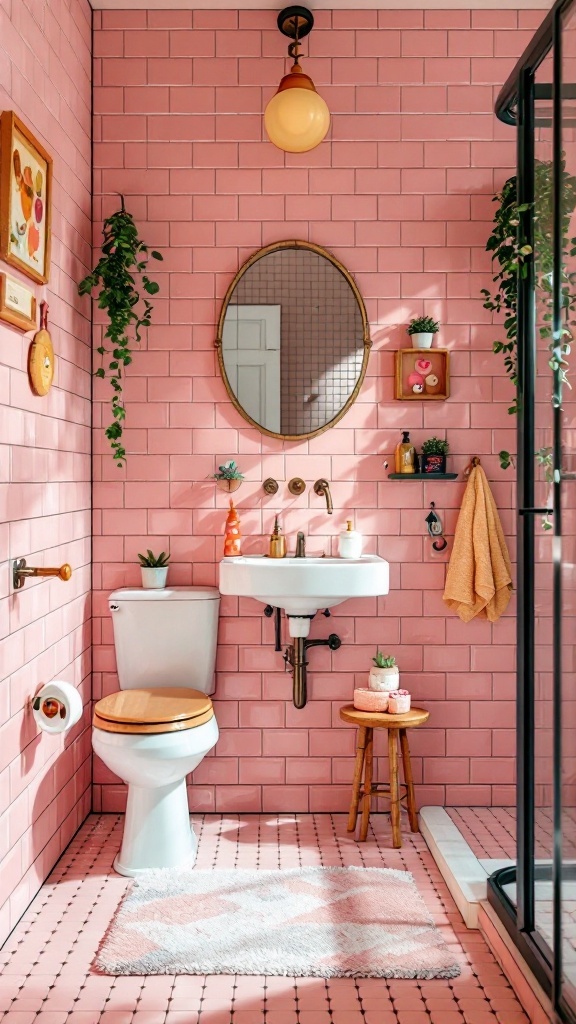 A bright and cheerful bathroom with pink tiles, plants, and fun accessories.