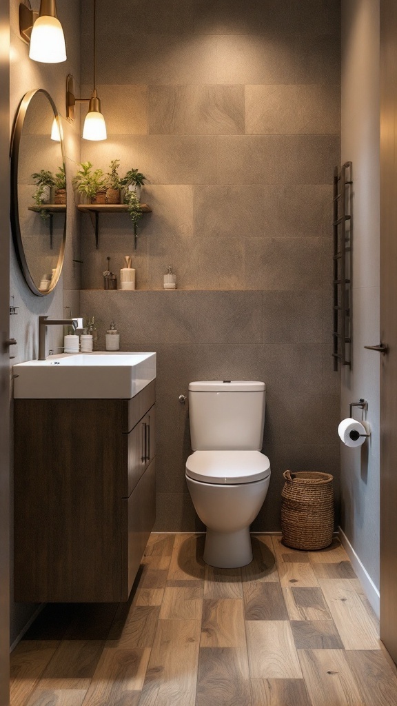 Small bathroom with wood-look tiles, modern fixtures, and soft lighting